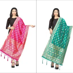 Silk Blend Woven Pink, Green Women Dupatta-picture-21
