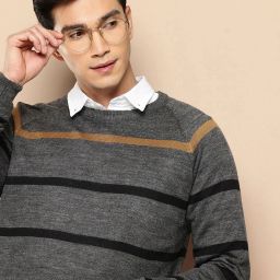 Men Striped Round Neck Grey Sweater-image-2