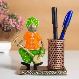 golden peacock Musical Man Green & Orange Metal Pen Stand-picture-19