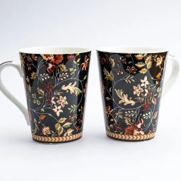Ceramic Floral Print - Milk & Coffee, 300 Ml - Set of 2 (Black) Bone China Coffee Mug-11