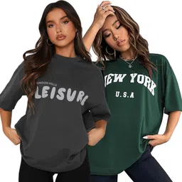 london hills Pack of 2 Women Printed Round Neck Cotton Blend Dark Green, Grey T-Shirt-picture-38
