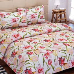 sej by nisha gupta Red Floral Cotton Queen Sized Bed Sheets with 2 Pillow Covers-picture-1