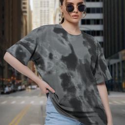 Women Tie & Dye Round Neck Cotton Blend Grey T-Shirt-image-11