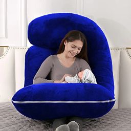 J-Shaped Full Body Pregnancy Pillow with Removable Velvet Cover Polyester Fibre Stripes Pregnancy Pillow Pack of 1-image-1