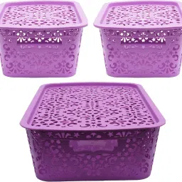 Plastic Small Turkish Basket | With Lid | Sturdy and Break-Resistant | for storing Toiletries Beauty Products School Supplies Fruits Vegetables Set of 3 | (1 x Medium with Lid [6L] | 2 x Small with Lid [2.5L]) | Purple Storage Basket-75