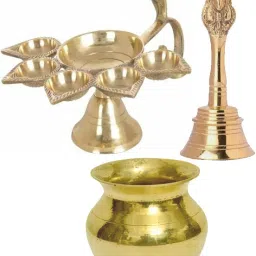 Brass Panch Deepak ( Diya ) With Bell ( Ghanti ) and Lutiya ( kalas ) for Home and Office Temple Brass Table Diya Set-image-4