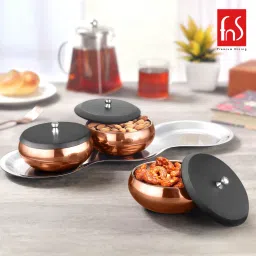 fns Wave Multipurpose Serving 3 Bowl with Lid and 1 Tray - Rose Gold Bowl Serving Set image 5