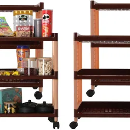 Pack of 4 Multipurpose 3-Layer Storage Trolley Rack with Wheels | Brown Plastic Kitchen Trolley-image-71