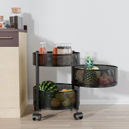 2+1 Layer Kitchen Metal Storage Rack with Wheels | Round Shape - Black Iron Kitchen Trolley-69