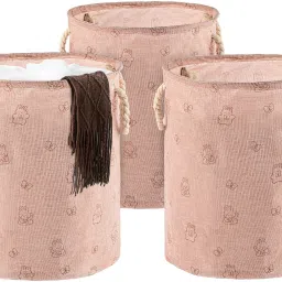 Cotton, Polyester Pack of 3 Clothes/Storage Basket with Handles | GM-19-PNK | Rabbit Print - Pink Storage Basket-image-32