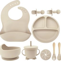 Beige bib,small cup,straw cup,bear fork and spoon- Silicon-33