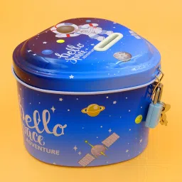 Space Theme(Blue White) Heart shape coin bank with Lock and Keys|Designer Piggy bank|Money Bank|Gullak|Best return Gift|Suitable for both Boys and Girls Coin Bank-image-2
