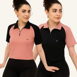 Pack of 2 Women Solid Zip Neck Polyester Pink, Black T-Shirt-image-59