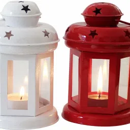 Hanging Lantern Decorative Tea Light Holder From iHandikart Handicrafts Home Decor White And Red color Iron Lamp With Candle Tealights & Fastiv Decor 10x10x14 cm (IHK22005) Set of 2 White Iron Hanging Lantern-picture-0