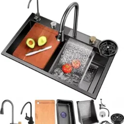 Nano Stainless Steel Handmade Kitchen Sink with Integrated Waterfall and Pull-Down Faucets/Soap Dispenser/ 2-Drain Basket, Smart Sink 30x18x9 Inches Under Counter Basin-image-76