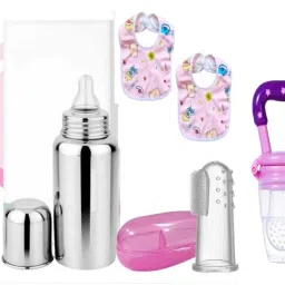 Baby Feeding Bottle with Cleaning Brush, Finger Toothbrush, fruit nibbler& Bib - 240 ml-image-13