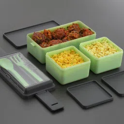 omortex Rectangular Classy 3 Section With 1 Spoon & 1 Fork 3 Containers Lunch Box image 2
