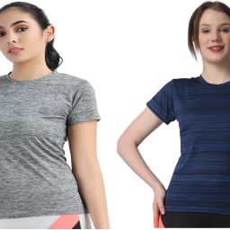 Pack of 2 Women Solid Round Neck Polyester Grey, Dark Blue, Navy Blue T-Shirt-image-62