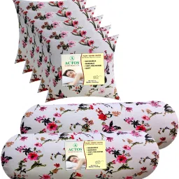 Combo Set Of 5 Cushion And 2 Microfibre Floral Bolster Pack of 7-image-49