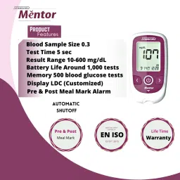 standard Mentor Digital Blood Glucose Meter for self Diabetes testing monitor machine with complete medical device Kit - Glucometer image 3