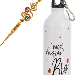 Designer You are awesome Bro 750 Ml bottle Sipper with Bro Rakhi1 Rakhi, 1 Tilak Pack With Rakshabandhan Greet Card Rakhi for Brother Bhai Bro Bhaiya Assorted Sippers, Rakhi, Greeting Card, Chawal Roli Pack Set-15