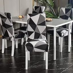Polyester Strechable Chair Cover Set of 6 Black & White Closure Type Elastic + String Sofa Fabric-16