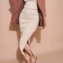 Women Self Design Pencil Beige Skirt-image-3
