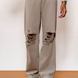 FREAKINS Men Grey Wide Leg High-Rise Slash Knee Pure Cotton Jeans-image-113