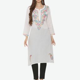 FAWOMENT Women White Paisley Embroidered Thread Work Cotton Kurta-image-46