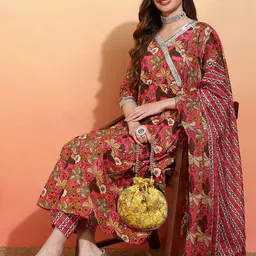 Anouk Women Floral Printed Angrakha Gotta Patti Pure Cotton Kurta with Trousers & With Dupatta-picture-38