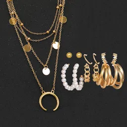Jewels Galaxy Gold-Plated Layered Necklace With Set Of 6 Contemporary Studs and Hoop Earrings Combo-7