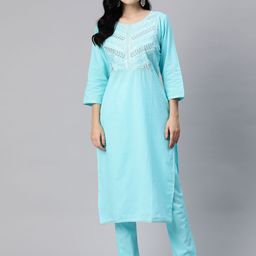 Readiprint Fashions Women Floral Yoke Design Mirror Work Cotton Kurta with Palazzos-image-73