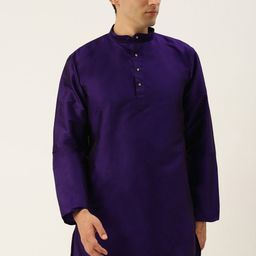 THANGAMAGAN Men Navy Blue Solid Straight Kurta with Link Detail-image-95