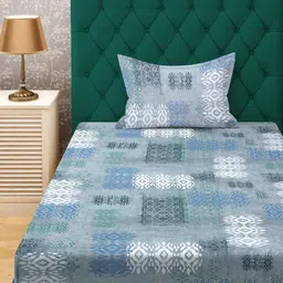 KLOTTHE Blue Geometric Printed Pure Cotton Fitted 400 TC Single Bedsheet With Pillow Cover-picture-17