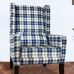 GLOBALLY INDIAN White & Blue Checked Wingback Wooden Arm Lounge Chair-12