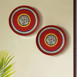ExclusiveLane Set of 2 Terracotta Warli Wall Plates Handpainted Wall Decor (8 inches)-1