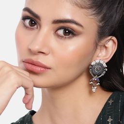 AITIHYA Silver-Plated Oxidised Circular Drop Artificial Stones Earrings-32