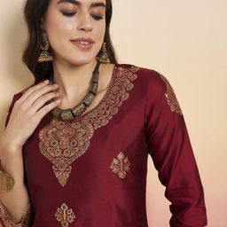Indo Era Women Maroon & Gold-Toned Ethnic Motifs Woven Design Kurta with Palazzos-picture-22