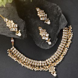 Peora Gold-Plated Kundan Studded Choker Necklace with Earring & Maang Tikka-picture-0