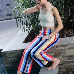 Sera Women Striped Smart Flared Mid-Rise Easy Wash Flat-Front Wide Leg Trousers-image-51