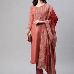 SheWill Women Rust Orange Ethnic Motifs Embroidered Kurta with Trousers & With Dupatta-image-44