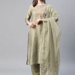 SheWill Women Green Ethnic Motifs Embroidered Sequinned Kurta with Trousers & With Dupatta-picture-3