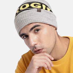 WROGN Unisex Grey & Black Acrylic Self Design Brand Logo Beanie-image-31