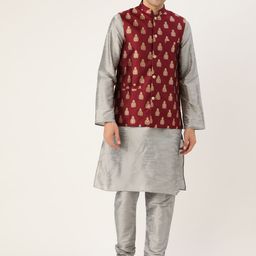 SOJANYA Men Grey & Maroon Self Design Kurta with Churidar & Nehru Jacket-picture-42