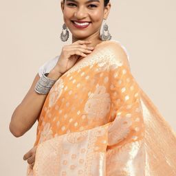 Leeza Store Orange & Silver-Coloured Ethnic Motifs Zari Organza Banarasi Saree-image-94