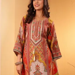 Varanga Women Ethnic Motifs Printed Regular Gotta Patti Chanderi Silk Kurta Trousers-14