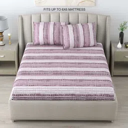 DREAM WEAVERZ Purple Striped Pure Cotton 220 TC Double Queen Bedsheet with 2 Pillow Covers-image-8