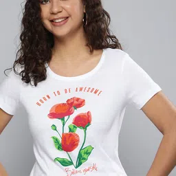 HERE&NOW Women White & Red Floral Printed Pure Cotton T-shirt-6
