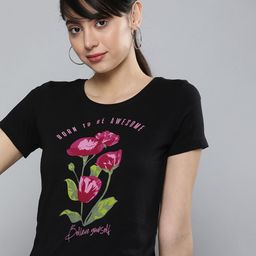 HERE&NOW Women Black & Pink Floral Printed Pure Cotton T-shirt-image-92