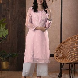 ADA Women Plus Size Pink Chikankari Hand Embroidered Sustainable Sheer Handloom Kurta with Inner-picture-17